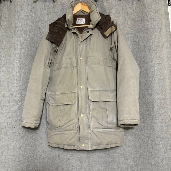 Vintage ORVIS Puffer Coat Jacket Goose Down Tan Medium Barn Chore Thick Heavy 80 - Picture 1 of 9